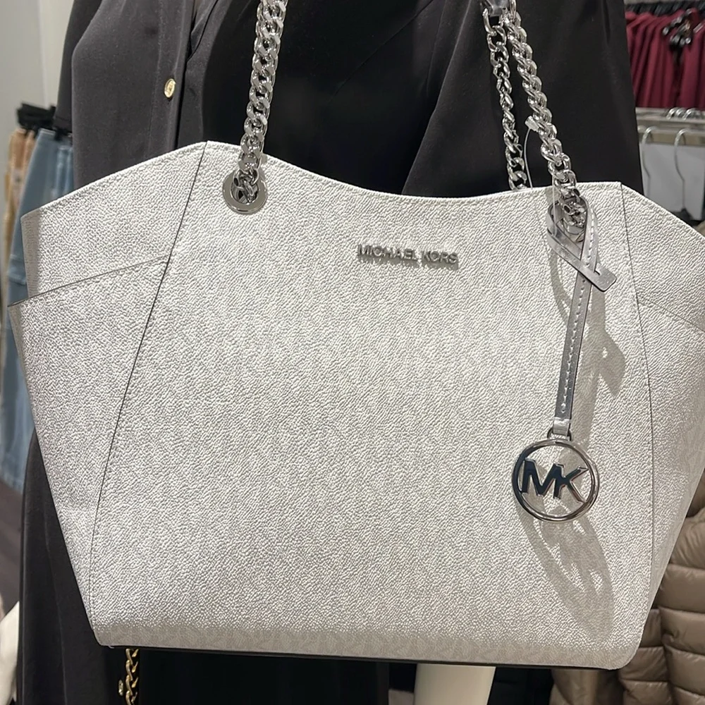MICHAEL KORS  Jet Set Travel Large Signature Chain Shoulder Tote Bag Silver  NWT